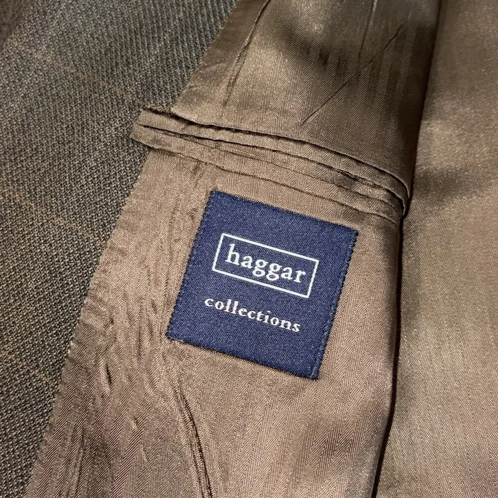 Haggar Mens Sport Coat Blazer 2 Button Brown Plaid Windowpane Jacket Size 46L